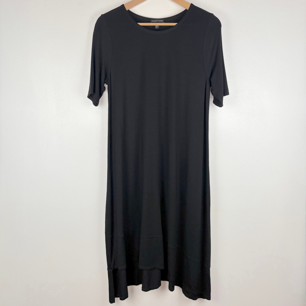 Eileen Fisher Womens Viscose Jersey Asymmetric Midi Dress Small Black Stretch